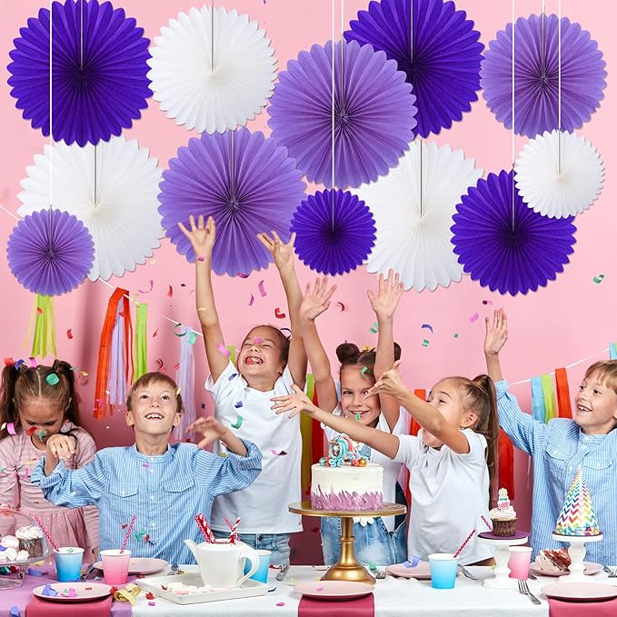 MotiMind 24 Pcs Purple and White Paper Fans Purple Party Decorations Classroom Decor Wall Background Ceiling Hanging Decoration for Birthday Wedding Baby Bridal Shower Engagement Party Decor
