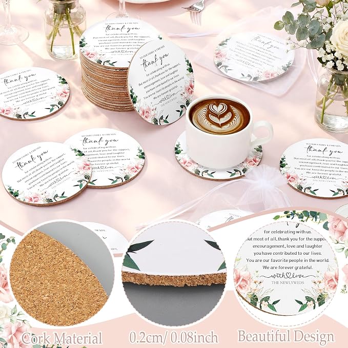Hushee 200 Pcs Wedding Favors for Guests Floral Cork Coasters Bulk Bridal Shower Thank You Gifts Natural Wood Coaster Wedding Welcome Bag Stuffers Floral Bridal Shower Favors Souvenirs Party Supplies