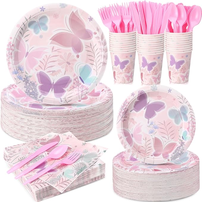 Ziliny 350 Pcs Butterfly Party Supplies Tableware Set Disposable 9'' 7'' Paper Plates 9 oz Cups Cutlery Napkins Dinnerware Set for 1st Birthday, Serve 50 (Butterfly, Purple, Pink)