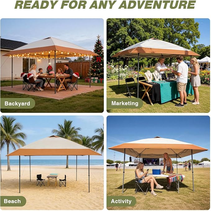 HYPER VENTURE 13x13ft Pop Up Canopy Tent with One Push Setup, Portable Outdoor Event Shelter with Rolling Carry Bag for Camping, Beach, Market, Patio (Brown)