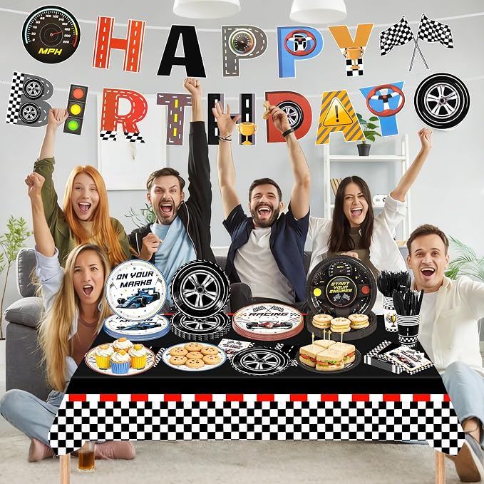 Race Car Party Decorations,182pcs Racing Themed Birthday Party Supplies Includes Banner,Tablecloths,Plates and Napkins,Tableware Set,for Boys Birthday Decorations,Serves 30