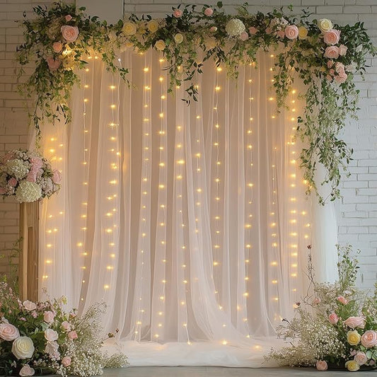 Ivory Tulle Backdrop Curtain with Lights - 10x8ft Sheer Backdrop with 250 LEDs for Wedding, Baby Shower, Bridal Shower, Birthday Party Photo Shoot Background and Home Decorations