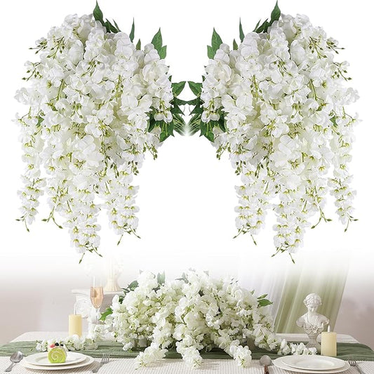 Wisteria Hanging Flowers, Spring Fake Flower for Vase, 4Pcs Silk Wisteria UV & Fading Resistant Faux Plant for Wedding Arch Backdrop Outdoor Patio Garden Decoration Centerpiece Table (White)