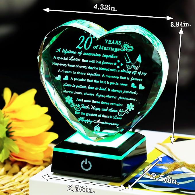 Arikyrist 20th Anniversary Crystal Heart Gifts for Wife Husband, Laser Engraved Romantic 20 Year Wedding Anniversary Keepsake Gifts Ideas for Her Him, 20 Years of Marriage Gift for Couples Friends