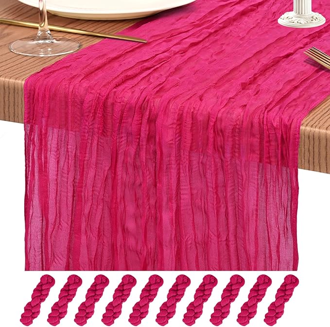 10 Pack Hot Pink Cheesecloth Table Runner 10FT Boho Gauze Cheese Cloth Table Runners Romantic Rustic Sheer Table Decorations for Wedding Party Baby Shower Birthday Holiday Home