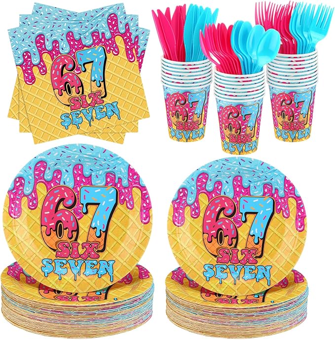 FoldTier 350 Pcs 67 Meme Party Supplies Plates Napkins Fork Paper Cup Ice Cream Disposable Six Seven Themed Tableware Set 6 7 Meme Birthday Party Decorations for Guest Dinner Serves 50