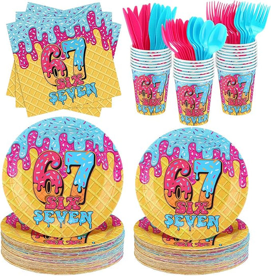 FoldTier 350 Pcs 67 Meme Party Supplies Plates Napkins Fork Paper Cup Ice Cream Disposable Six Seven Themed Tableware Set 6 7 Meme Birthday Party Decorations for Guest Dinner Serves 50