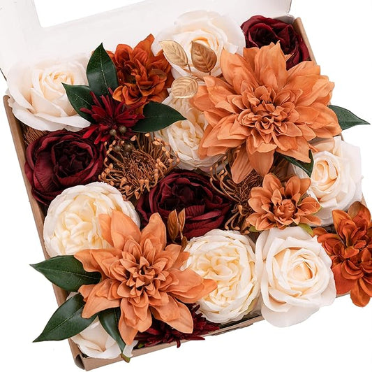 Ling's moment Fake Flowers Box, Faux Artificial Greenery Stems Foam Roses Silk Dahlia Peony Fabic Flower for DIY Centerpieces Bouquet Wedding Vase Decorations, Terracotta & Burgundy, Grand Combo