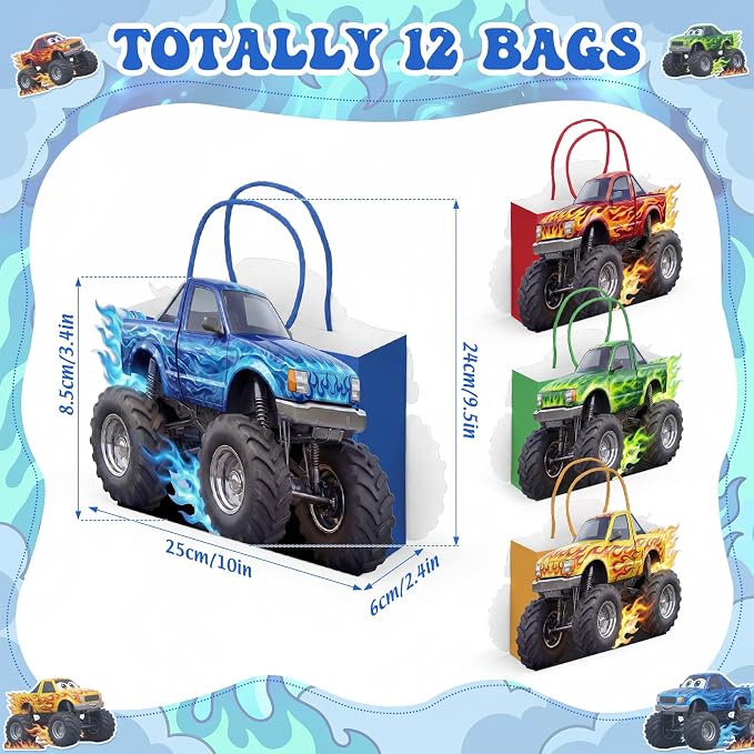Tosstuki 12 Pcs Monster Truck Party Favor Bags 3D Paper Goodie Treat Bags with Handles 4 Vibrant Designs Kraft Paper Candy Decorations for Monster Truck Themed Party Decorations & Supplies