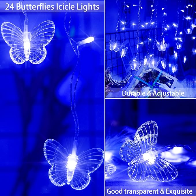 Blue Butterfly Curtain Fairy Lights USB Plug in,120 LED 8 Modes 20FT Firefly Twinkle Icicle String Lights with Remote Timer Waterproof for Bedroom Christmas Wedding Party Dorm Decor