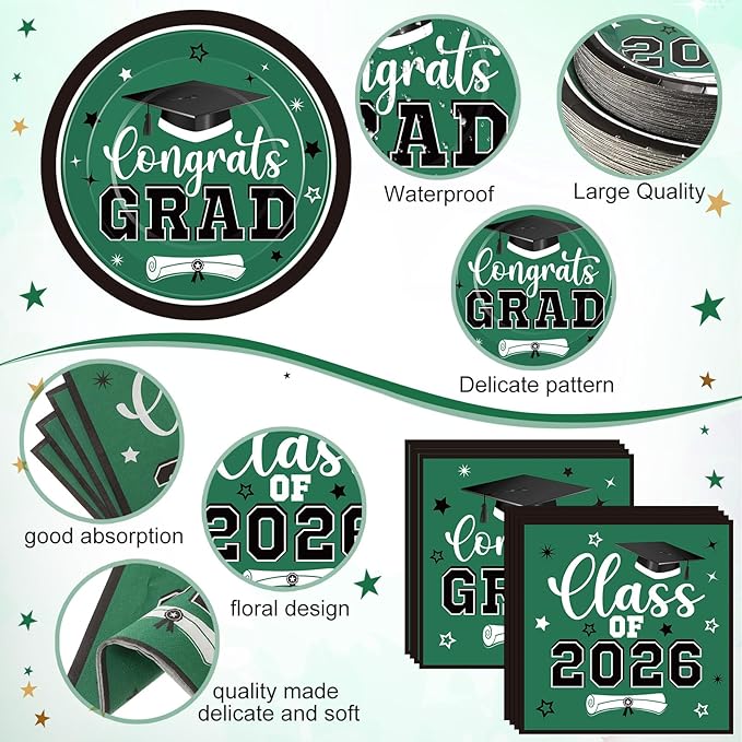 Funnymoom 452 Pcs Class of 2026 Green Graduation Party Decoration for 50, Green and Black Graduation Paper Plates Napkins Cups Tablecloth Cutlery Straws for College School Congrats Grad Party Supplies