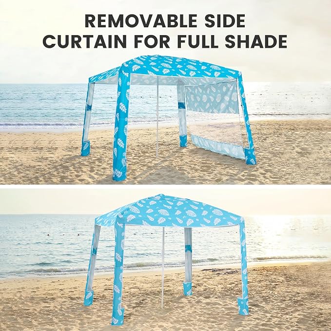 Zeraty Beach Cabana 8'×8', Portable Beach Canopy with Side Wall, UPF 50+ Silver-Coated Beach Tent Sun Shelter Easy Pop Up, Wind Resistant Adjustable Height Beach Umbrella Tent for Family, Lagoon