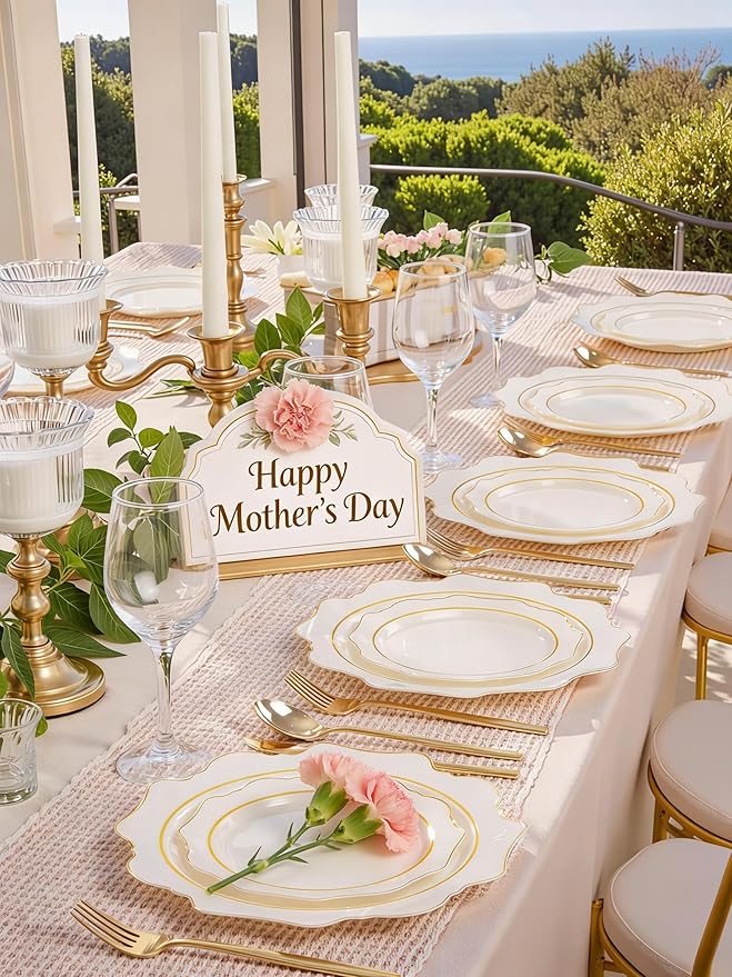 WDF 100PCS Ivory Plastic Plates with Gold Rim - Cream Plastic Plates - Include 50 Dinner & 50 Dessert Fancy Disposable Plate for Party - Heavy Duty Beige Plate for Baby Shower/Wedding/Mother's Day