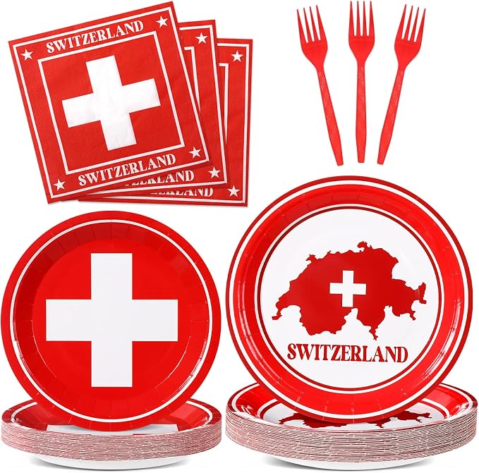 96pcs Switzerland Party Supplies Tableware Set Swiss Flag Party Paper Plates and Napkins Swiss National Day Decoration Suitable for Cultural Festivals Global Travel Parties, Serve 24