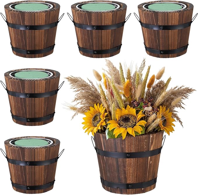 Remerry 6 Pcs Rustic Wood Barrel Planter Boxes with Removable Plastic Liners & Floral Foam Blocks, Farmhouse Decor for Wedding Table, Home, Garden, Kitchen & Party Centerpieces (Classic)