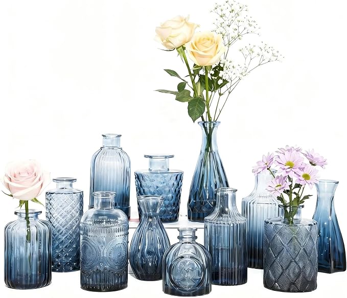Mini Bud Vases Centerpieces for Tables,Clear Bud Vases for Flowers,Small Flower Vases Suitable for Birthday Party,Anniversary,Wedding Reception,Baby Shower (GradBlue, 12PCS)