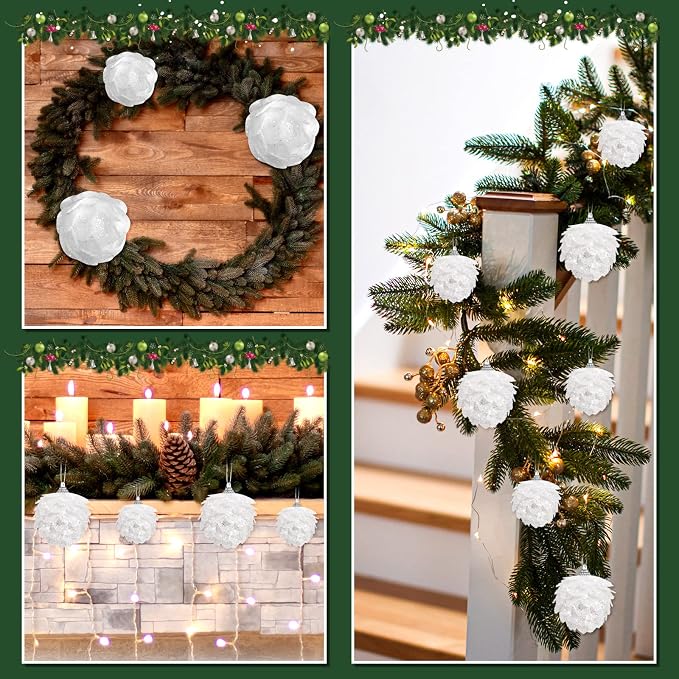 Sratte 8 Pcs Valentine Ball Ornaments Artificial Pinecone Hanging Ornaments Glitter Winter Faux Flower for Xmas Decor, 3.15/2.36 Inch(White)