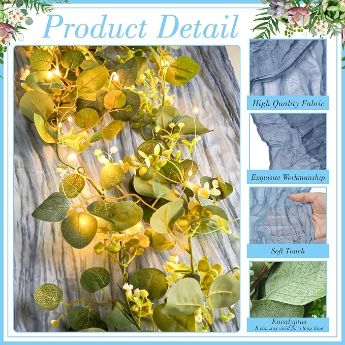 Cinrobiye 11pcs Cheesecloth Table Runner Set 120 Inch – Gauze Table Runner with Napkins, Eucalyptus Garland & String Lights for Wedding Baby Shower Table Decor, Rustic Boho