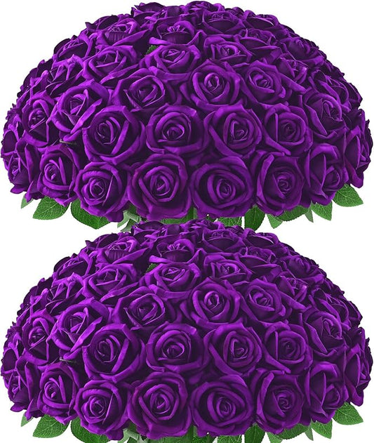 50 Pcs Purple Roses Artificial Flowers, Real Touch Velvet Roses Bouquet Fake Flowers Bulk, Artificial Roses with Long Stems for Birthday Gift Women Mom DIY Bridal Wedding Centerpiece Decorations