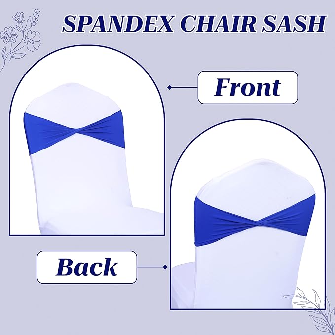 MDS Pack of 100 Spandex Chair Sashes Bows Elastic Stretch Dining Chair Bands Ties Without Slider Buckle Universal fits for Wedding Baby Shower Birthday Party Banquet Event Decoration - Royal Blue