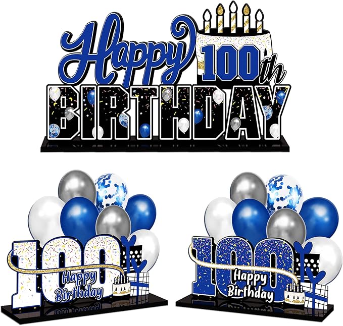 LINGTEER Happy 100th Birthday Blue Acrylic Table Topper Centerpieces Set - Cheers to 100 Years Old Birthday 100th Bday Party Gift Decorations.