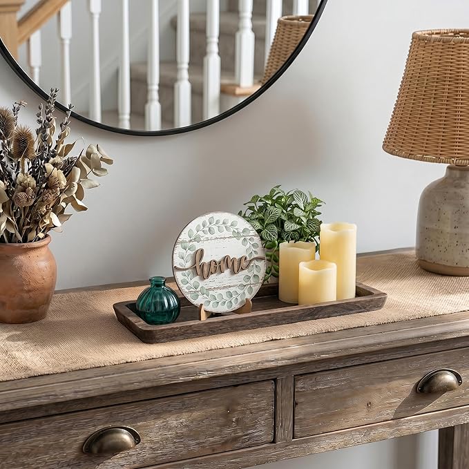 Romadedi Wooden Decorative Tray Candle Holder - Wood Long Narrow Tray Home Decor Small Rustic Centerpieces Trays for Coffee Table Dining Room Kitchen