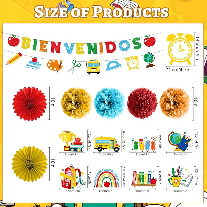 Welcome Back to School Decorations - 16PCS Spanish Bienvenidos Party Banners Hanging Swirls Paper Fans Pompoms Decor, First Day of School Classroom Party Home Decor Supplies