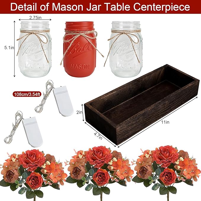 Mason Jar Centerpiece Orange Flower Kitchen Table Decor with Lights | 3 Piece Farmhouse Coffee Table Decor with Fake Flowers Wood Tray for Living Dining Room Bathroom Wedding Outdoor Decoration