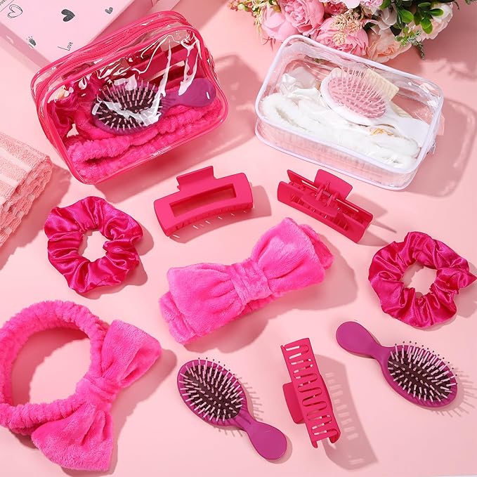 40 Pcs Bachelorette Favor Set Include Headband Scrunchies Hair Claw Clips Hairbrush and Makeup Bag for Bridal Shower Party Gifts Bridesmaid Wedding Supplies(White and Rose Red)