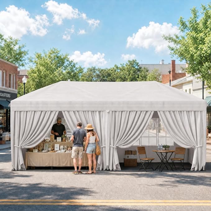 KIGOTY 10x20 FT Portable Pop Up Canopy Tent, Adjustable Height Instant Gazebo with Sidewalls, Sandbags, Waterproof Outdoor Canopy for Camping, Parties, Vendor Events (White, 3m × 6m with sidewalls)