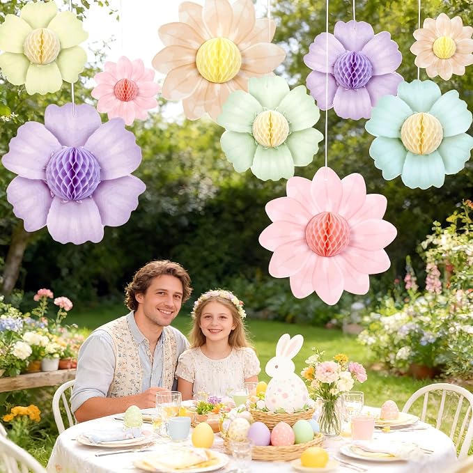 SUNBEAUTY 9 PCS Pastel Flower Party Decorations Flowers Honeycomb Fairy Birthday Party Decorations Pastel Hanging Flower Decorations for Women Birthday Spring Easter Garden Tea Party Baby Shower