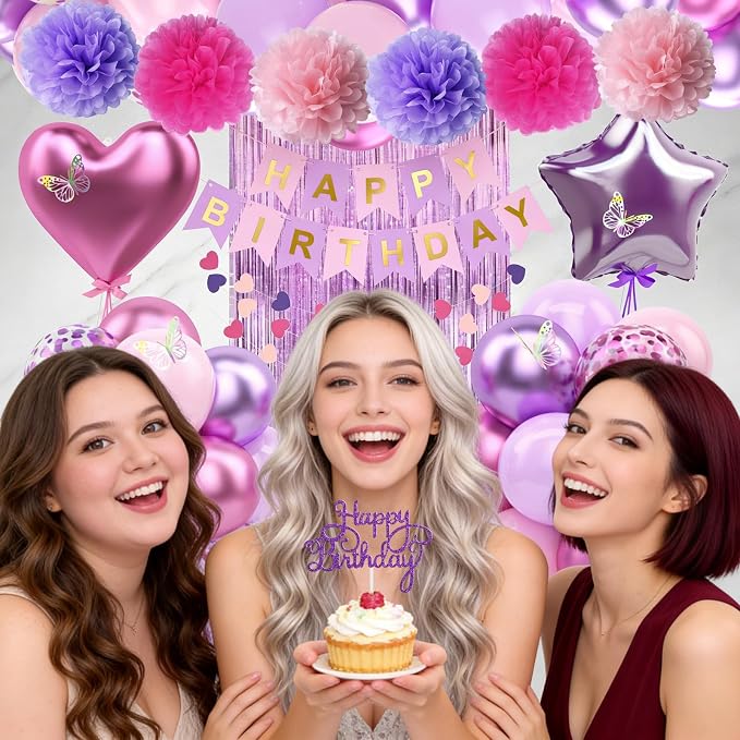 Purple Pink Birthday Decorations Balloons Pink Purple Happy Birthday Banner Cake Topper Fringe Curtain Paper Pom Poms Butterfly Sticker Metallic Hot Pink Heart Star Foil Princess Party Girls Women