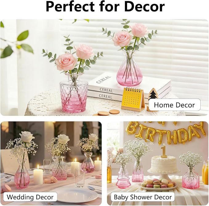 RUCKAE Glass Bud Vases Mini Flower Vase Small Vintage Vases for Centerpiece Table Wedding Decorations Home Decor Party(Gradient Pink 22 Pack)