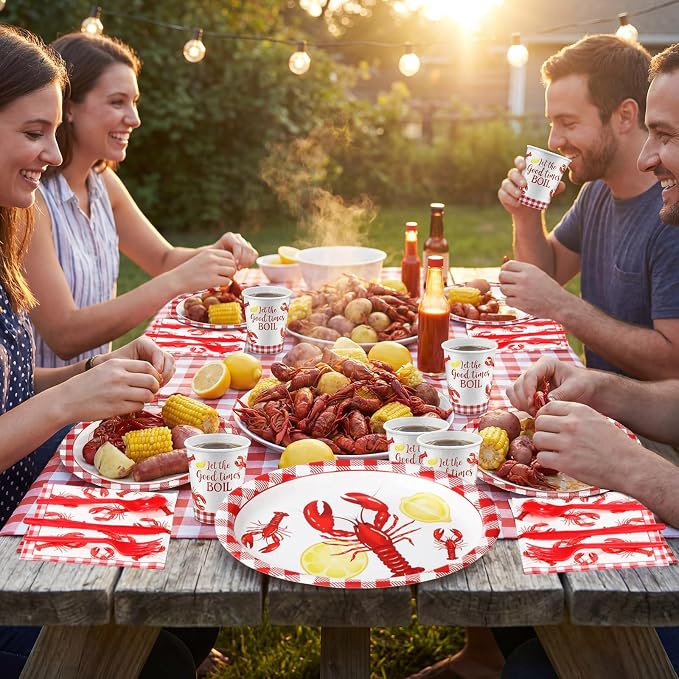 Pajean 350 Pcs Crawfish Boil Party Decorations 12 in Disposable Oval Plates and Napkins Let The Good Times Boil Heavy Duty Paper Tableware Set for 50 Guests Lobster Seafood Picnic BBQ Party Supplies