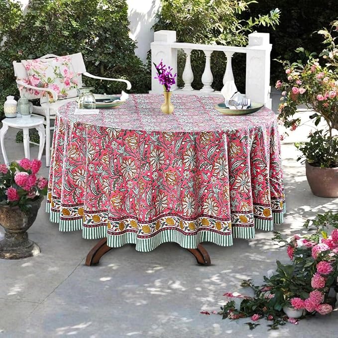 Ridhi Round Tablecloth Hand Block Print 100% Cotton Reusable Candy Pink 132 Inch Table Cover Decorative Everyday Use for Dining, Home, Party, Wedding, Farmhouse, Party Gift for Spring, Mother's Day