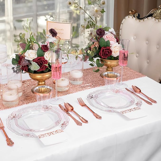 Ciaell 175 PCS Rose and Gold Plastic Plates - Fancy Rose Gold Disposable Dinnerware Set with of 50 Plates, 25 Knives, 25 Forks, 25 Spoons, 25 Cups, 25 Napkins for Wedding & Party & Mother's Day