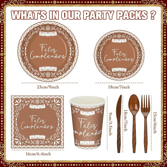 168 Pcs Mexican Birthday Tableware Set for 24 Cielito Lindo Birthday Party Plates and Napkins Brown Talavera Floral Party Supplies Papel Picado Paper Plates Cinco De Mayo Supplies
