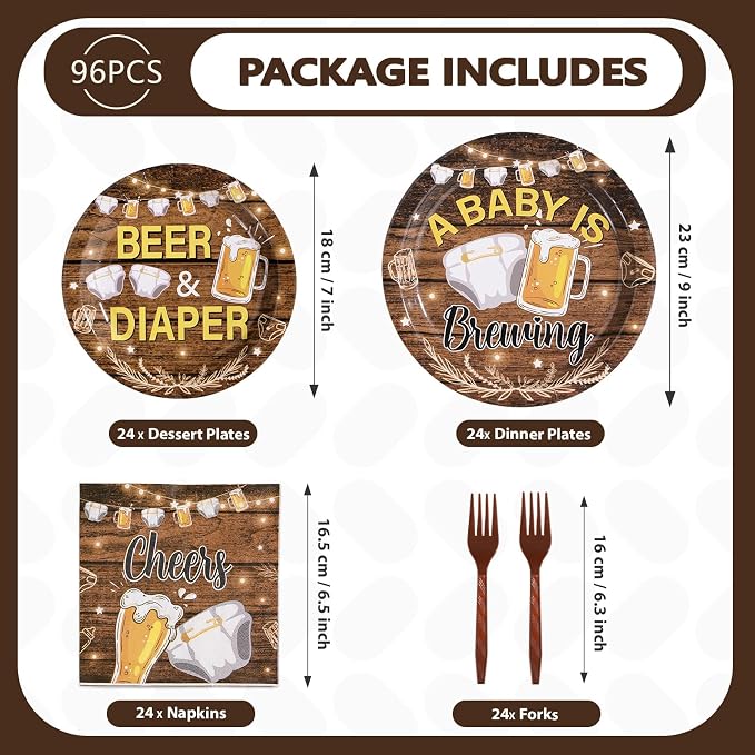 96Pcs Beer and Diaper Party Decorations A Baby is Brewing Baby Shower Plates and Napkins Tableware Set Beer And Bottle Diaper Decorations for Cheers Beers Brew Birthday Party Supplies Serves 24