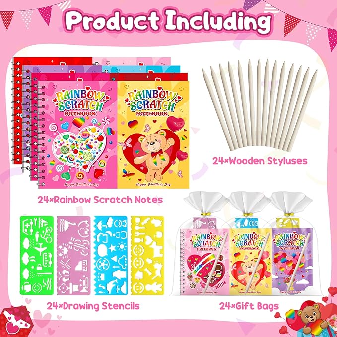 Scratch Art Party Favors for Kids: 24 Pack Valentines Rainbow Scratch Art Notebook Classroom School Party Supplies Bulk for Girls Boys Goodie Bags Stuffers, Valentines Day Gifts for Kids Classroom