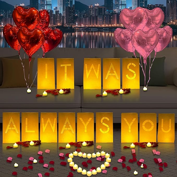 It Was Always You Lighted Letters Sign 8pcs Luminary Paper Bags 2000pcs Red Pink Artificial Rose Petals 48pcs Flameless LED Candle Tealight 10pcs Heart Balloons Romantic Night Valentine's Day Decor