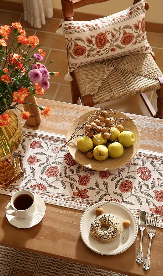 ISAENNE Designer Elegant Linen Table Runner 102 Inches Long,Vintage Orange Floral Pattern Table Runners for Dining Tables,Kitchen Decor,Thanksgiving,Christmas,Banquet,12"*102"-Alvarado A