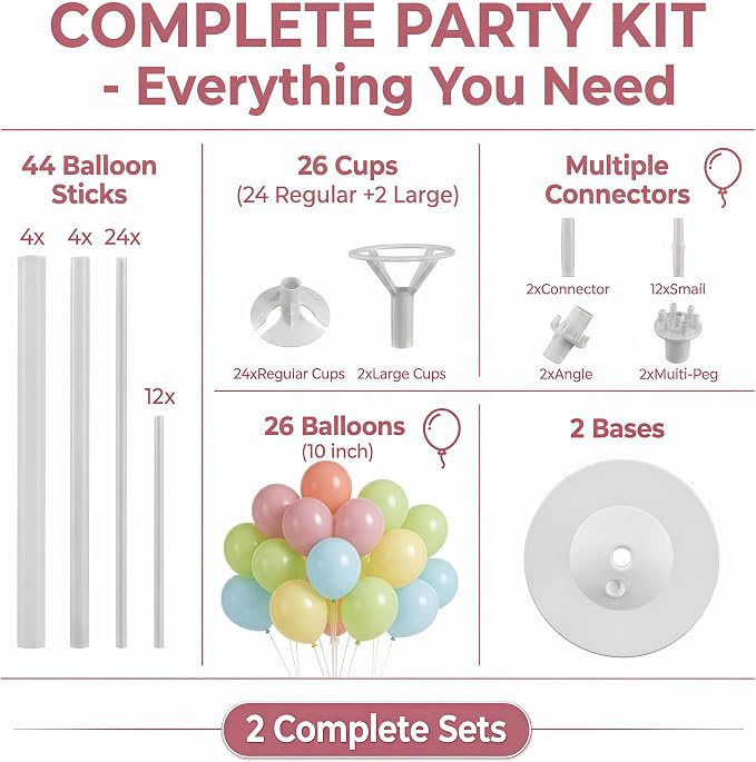 Balloon Column Kit Set of 2,Anti-Tip Sand-Fill Base Balloon Tower Stand with 10" 26pc Classic Retro Colorb Balloons for Easter Birthday Wedding Bridal Party Decorations