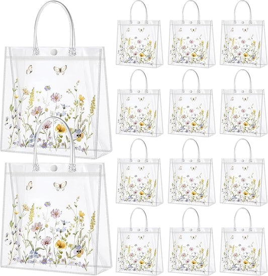 Kacctyen 24 Pcs Wildflower Gift Bags Wildflower Theme Clear PVC Bags with Handles Flower Party Favors for Wedding Birthday Baby Shower Party Supplies Return Gift Wrap Totes for Guests