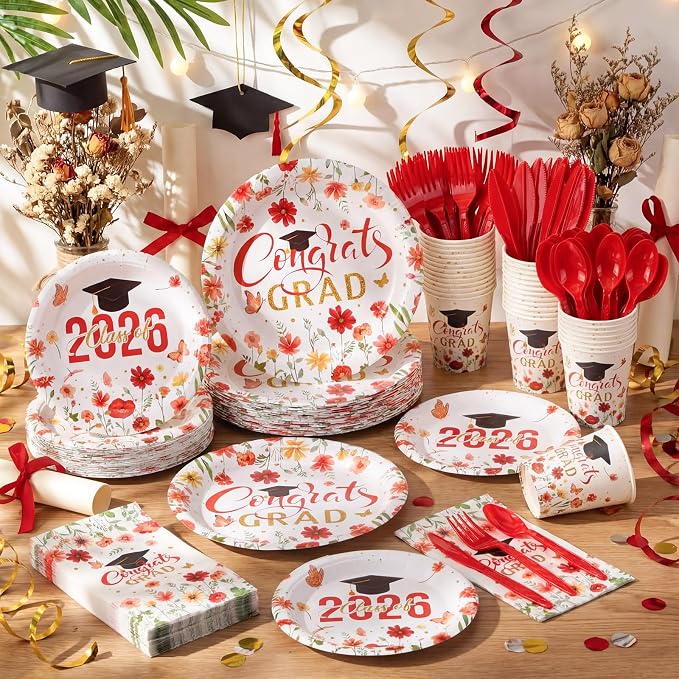 400 Pcs Class of 2026 Red Floral Graduation Decorations for 50, Red Gold White Flower Graduation Paper Plates Napkins and Cups Cutlery Grad Tableware for 2026 Congrats Grad Party Supply