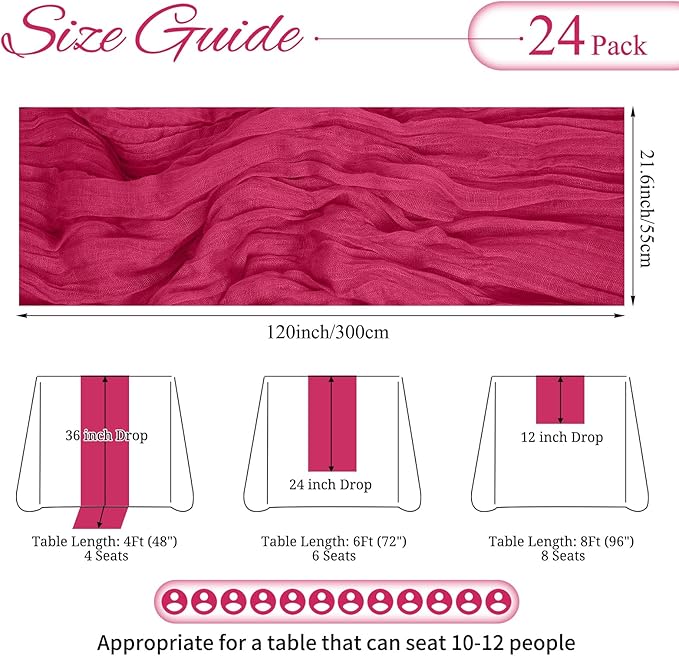 24 Pack Hot Pink Cheesecloth Table Runner 10FT Boho Gauze Cheese Cloth Table Runner Rustic Sheer Fabric Table Runners for Wedding Bridal Shower Baby Shower Party(21.5×120 Inch)