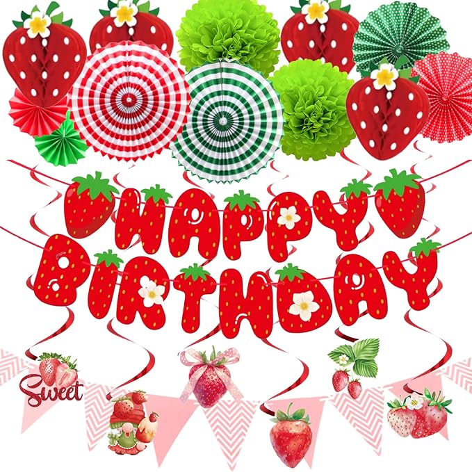 Strawberry Birthday Decorations,Cute Strawberry Party with Red Strawberry Honeycomb Balls,Green Paper Pom Poms,Paper Fan,Banner and Hanging Swirls Berry Hanging Decor Centerpieces