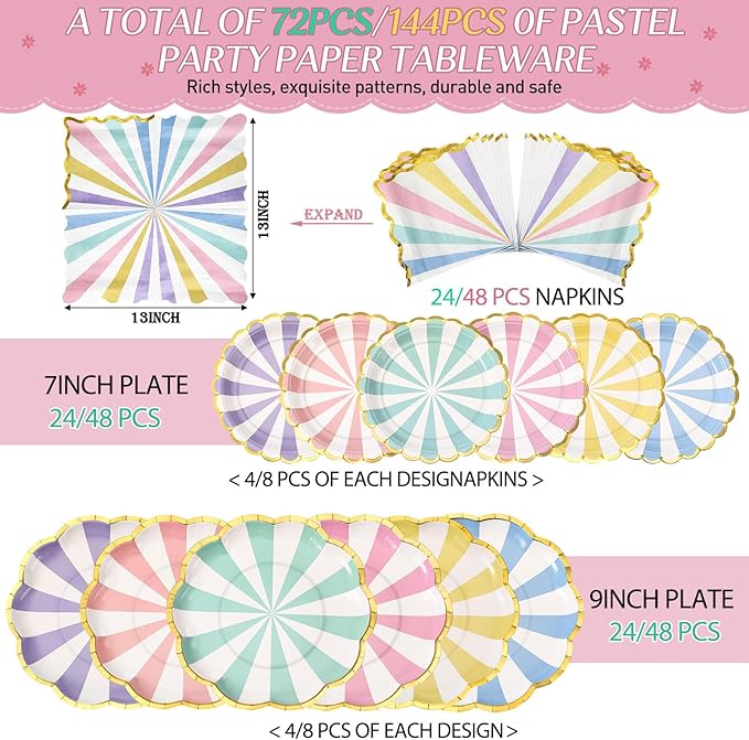 144 Pcs 48 Guests Pastel Striped Party Plates and Napkins Scalloped Pastel Carnival Paper Plates and Napkins Colored Disposable Tableware for Baby Bridal Shower Wedding Tea Party Supplies