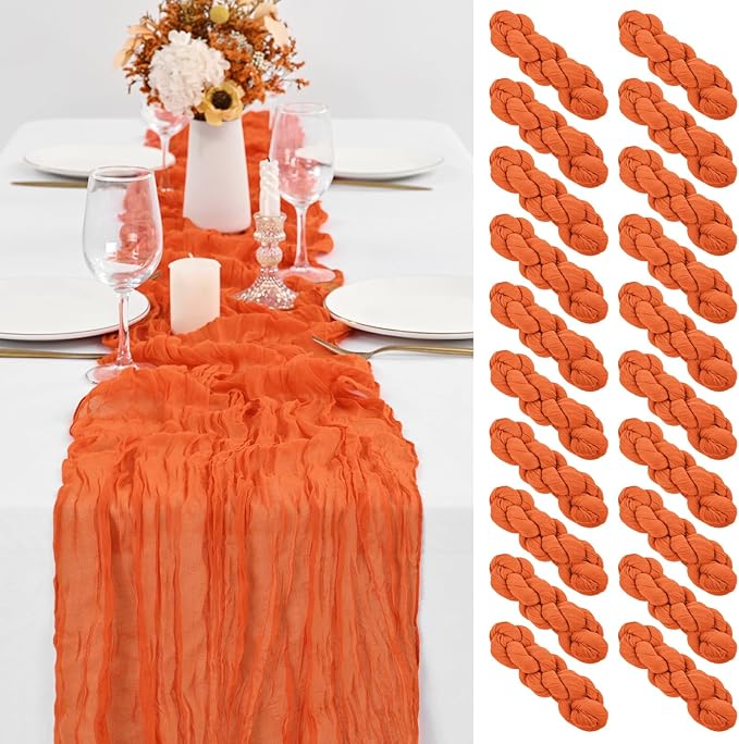 20 Pack Orange Table Runner 10Ft Cheesecloth Table Runner Boho Long Cheese Cloth Table Runners Romantic Sheer Fabric Gauze Table Runners for Wedding Party Bridal Shower
