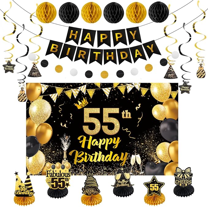 Happy 55th Birthday Party Decoration: Including Birthday Banner Backdrop, Party Table Centerpieces and Hanging Swirl Party Streamers, Birthday Decor for Men and Women (Gold/Black, 55th Birthday)