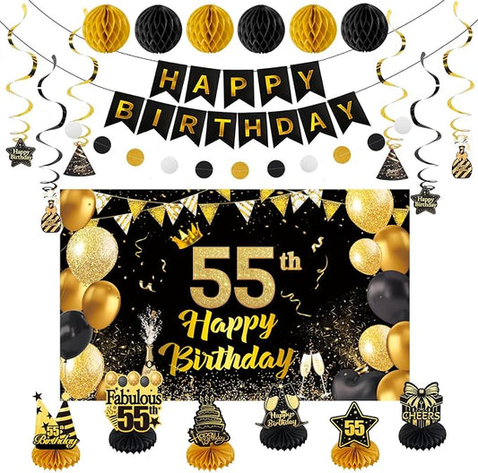 Happy 55th Birthday Party Decoration: Including Birthday Banner Backdrop, Party Table Centerpieces and Hanging Swirl Party Streamers, Birthday Decor for Men and Women (Gold/Black, 55th Birthday)
